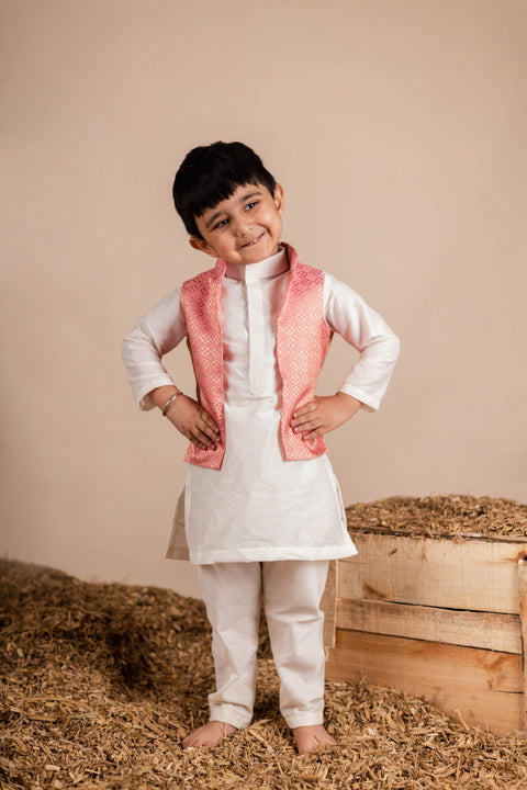 Pre-Order: Off-White Pink Brocade Kurta Jacket Set