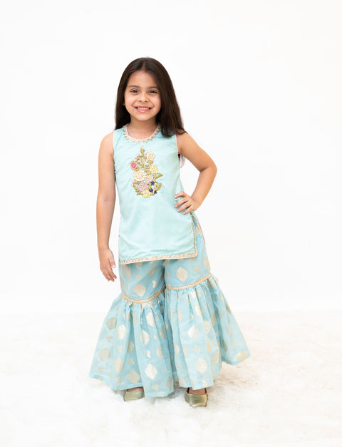 Pre Order : Blue Embroidered Kurti Sharara Set