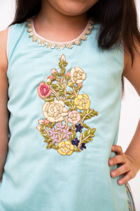 Pre Order : Blue Embroidered Kurti Sharara Set