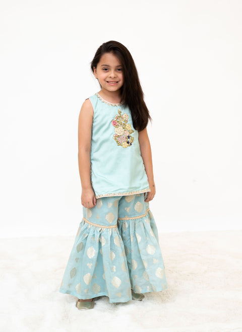 Pre Order : Blue Embroidered Kurti Sharara Set