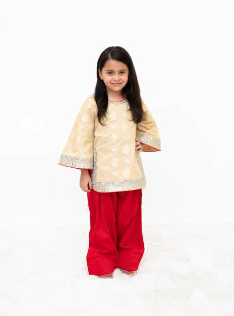 Pre Order : Golden Brocade Kurti with Red Salwar