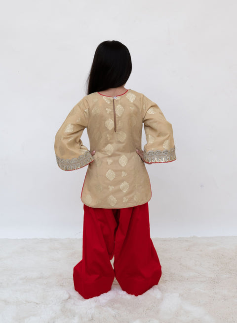 Pre Order : Golden Brocade Kurti with Red Salwar