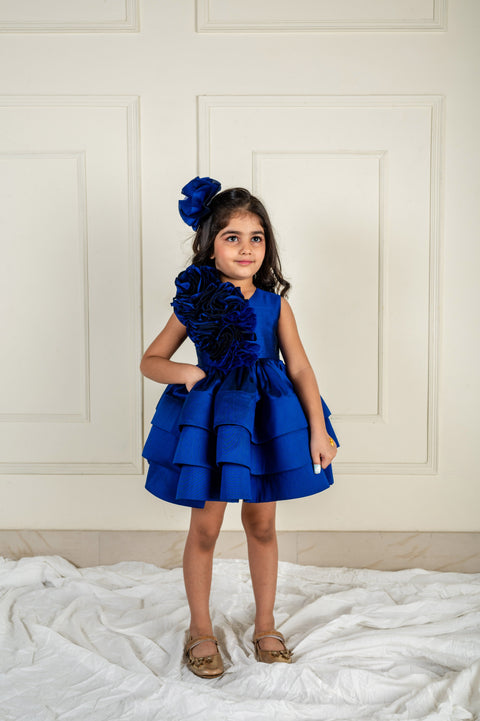 Pre-Order: Royal Blue Ruched Rose Ruffle Dress