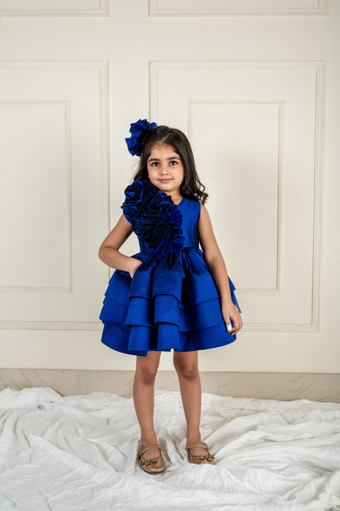 Pre-Order: Royal Blue Ruched Rose Ruffle Dress
