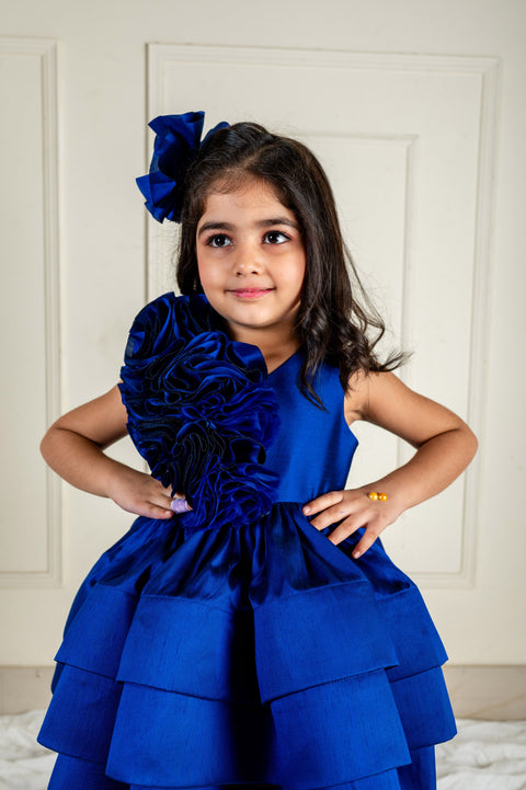 Pre-Order: Royal Blue Ruched Rose Ruffle Dress