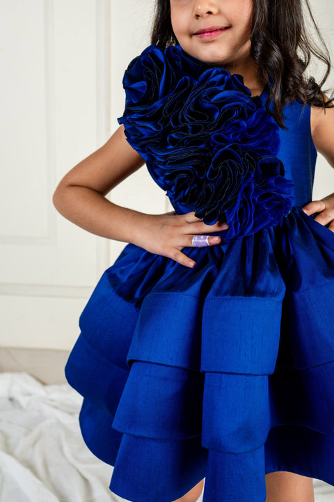 Pre-Order: Royal Blue Ruched Rose Ruffle Dress
