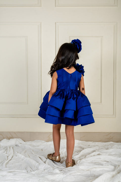 Pre-Order: Royal Blue Ruched Rose Ruffle Dress