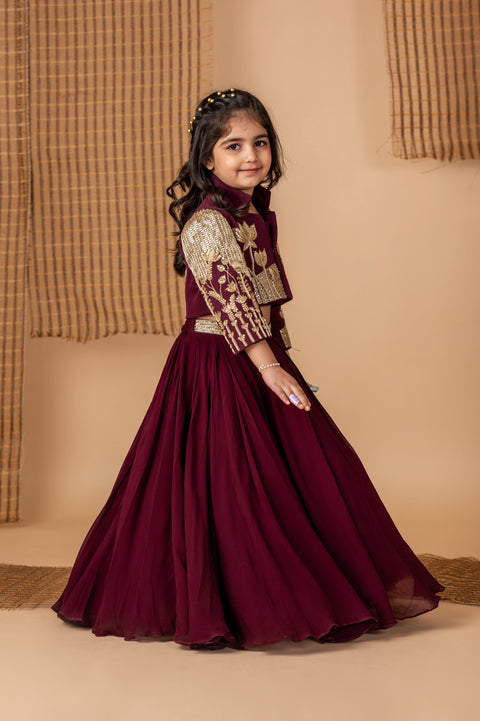 Pre-Order: Wine hand Dori Embroidered Peacock Ghaghra Jacket Set