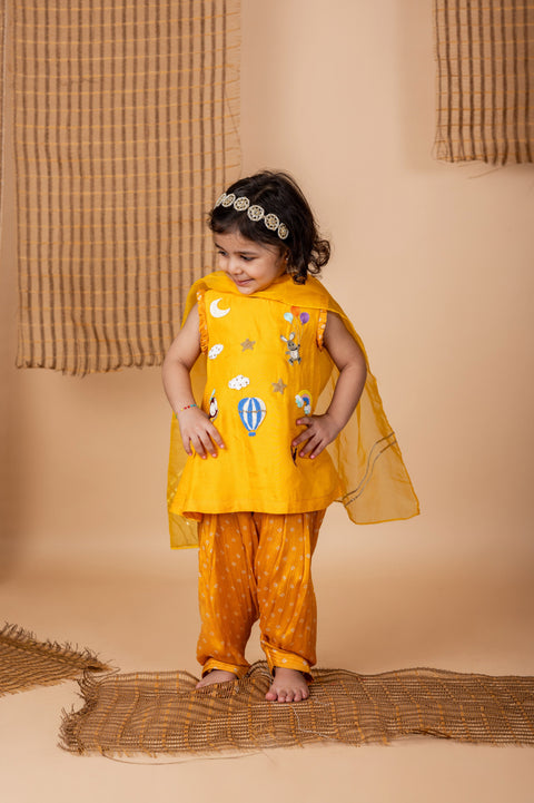 Pre-Order: Fun Embroidery Yellow Bndhej Suit
