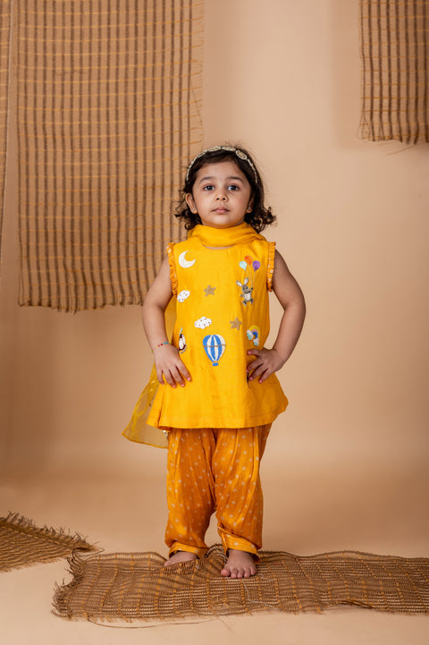 Pre-Order: Fun Embroidery Yellow Bndhej Suit
