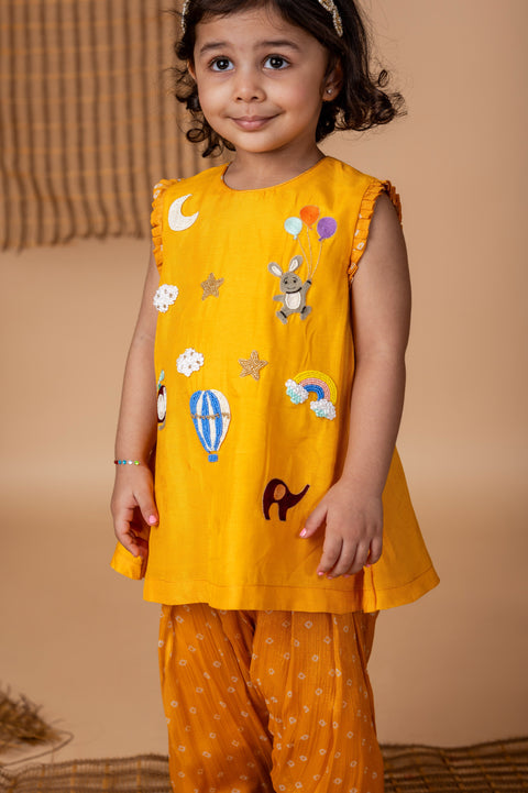 Pre-Order: Fun Embroidery Yellow Bndhej Suit