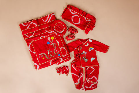 Pre-Order: Fun Embroidered Red Bandhej Jaamna set