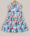Paintbrush floral print dress with collars n front button closure-Blue