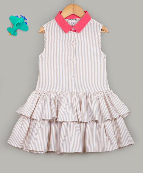 Stripe print dress with contrast collar n frills at flounce-White/Brown