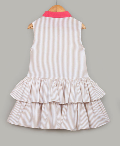 Stripe print dress with contrast collar n frills at flounce-White/Brown