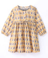 All over motif print full sleeves dress with small pleats at yoke-Golden