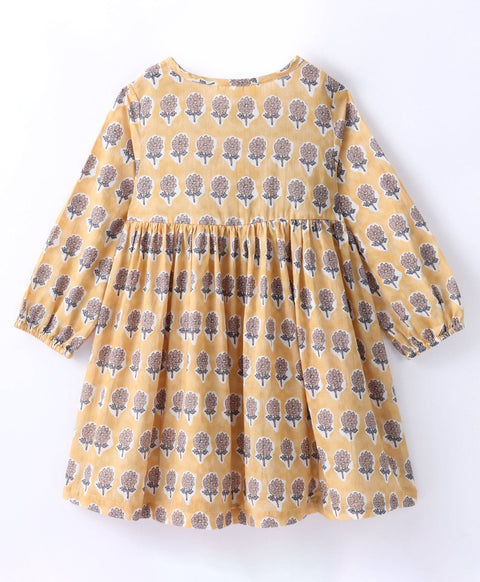 All over motif print full sleeves dress with small pleats at yoke-Golden