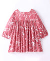 Abstract floral dress with loop lace along neck n bottom hem-Coral