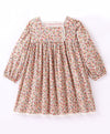 Ditsy floral full sleeves dress with loop lace along neck n bottom hem-Light Brown