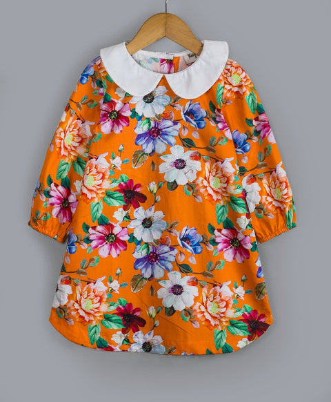 Floral print dress with contrast collars-Orange