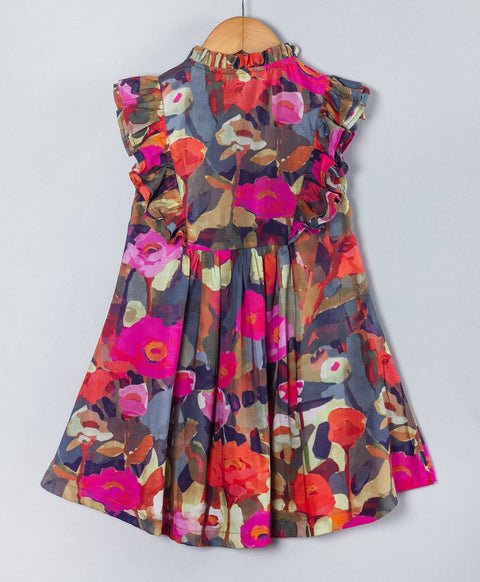 Big floral print cutsleeves  dress with front button opening-Multi
