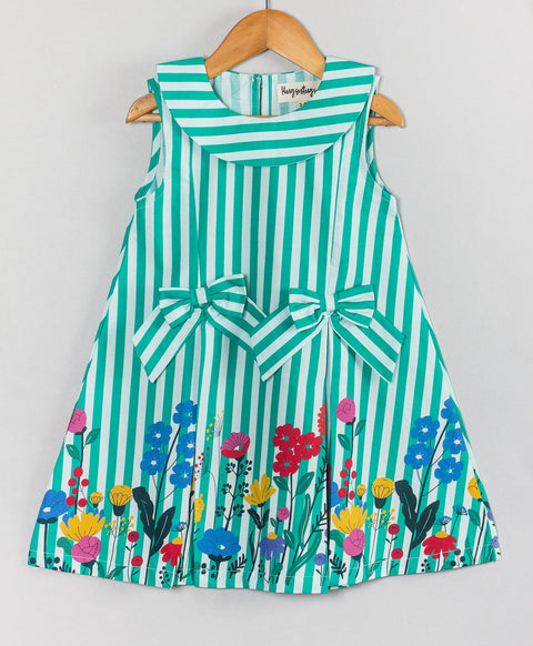 Stripe print dress with floral print at the bottom flounce and Peter pan collars-Green