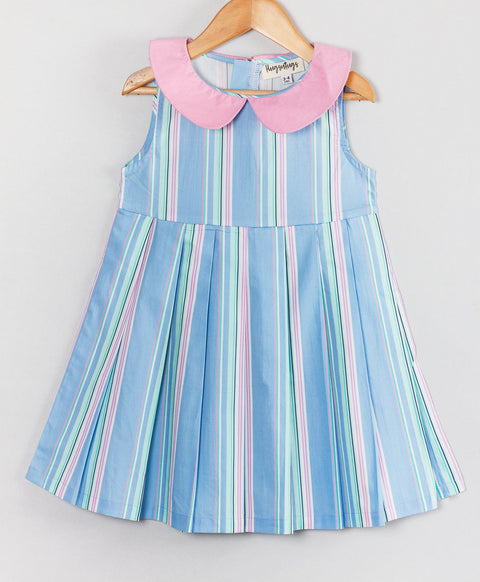 Stripe print dress with pink Peter Pan collars-Blue
