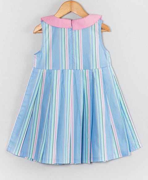 Stripe print dress with pink Peter Pan collars-Blue