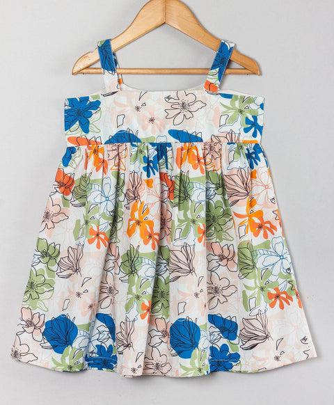Multi floral dress with shoulder straps n bow at centre- White