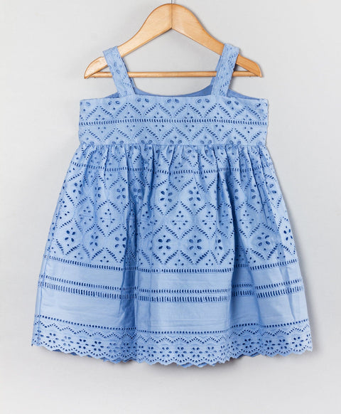 All over schiffly embroidery dress with shoulder straps n now-Blue