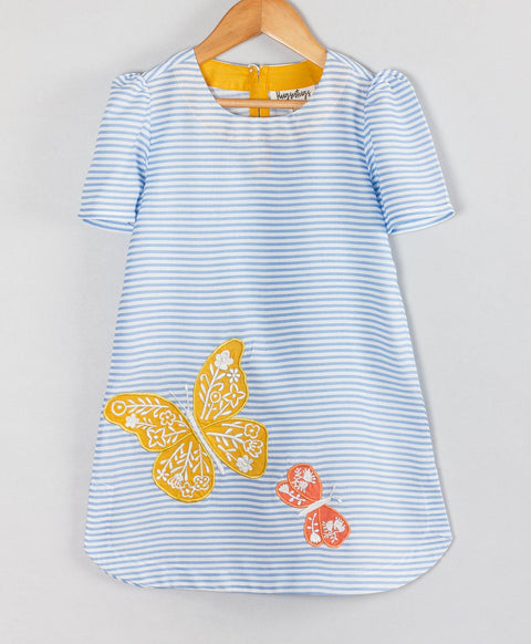 Stripe print dress with butterfly patch work at the flounce-Blue