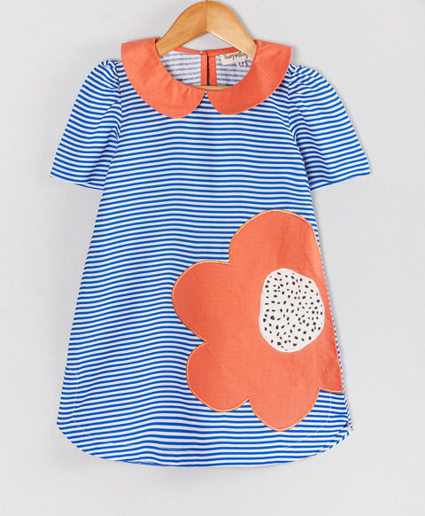 Stripe print dress with big flower patch work on the flounced-Blue
