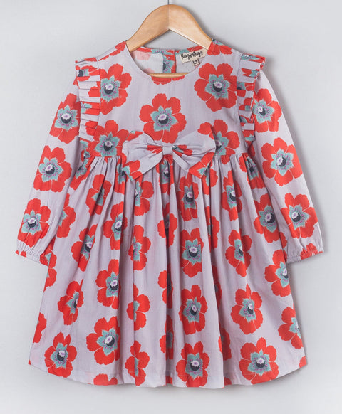 Pre-Order: Red n grey flower print dress with bow at front waist-Grey/Red