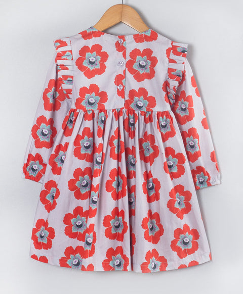 Pre-Order: Red n grey flower print dress with bow at front waist-Grey/Red