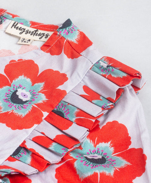 Pre-Order: Red n grey flower print dress with bow at front waist-Grey/Red