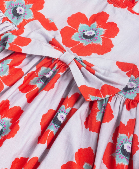 Pre-Order: Red n grey flower print dress with bow at front waist-Grey/Red