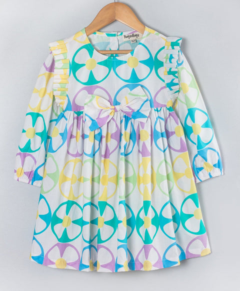 Pre-Order: Geometric flower print dress with bow at front waist n please along the armhole-White