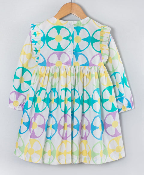 Pre-Order: Geometric flower print dress with bow at front waist n please along the armhole-White
