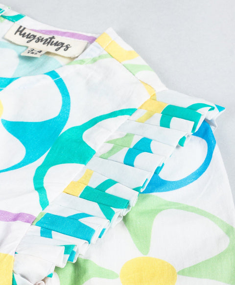 Pre-Order: Geometric flower print dress with bow at front waist n please along the armhole-White