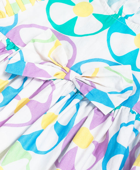 Pre-Order: Geometric flower print dress with bow at front waist n please along the armhole-White