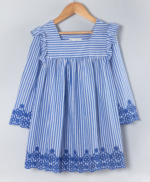 Pre-Order: Stripe print dress with embroidery at the bottom n sleeve ends-Navy