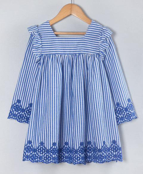 Pre-Order: Stripe print dress with embroidery at the bottom n sleeve ends-Navy