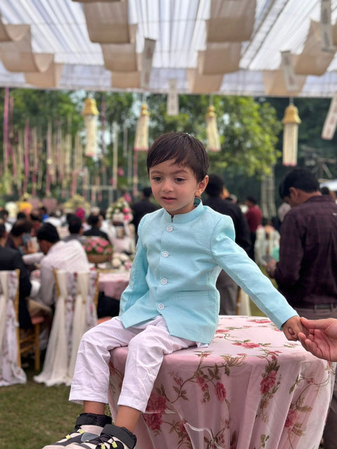Pre-Order: Solid Sky Blue Pure Linen Bandgala Blazer with White Kurta Pajama  Set