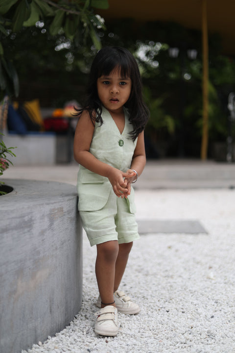 Pre-Order: Jacket Shorts Solid Green Pure Linen  Co-ords