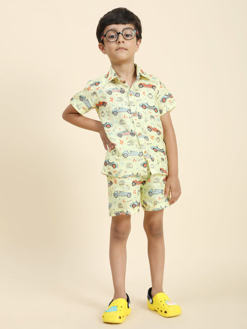 Pre-Order: Yellow Car Printed Pure Linen  Premium Co-ords