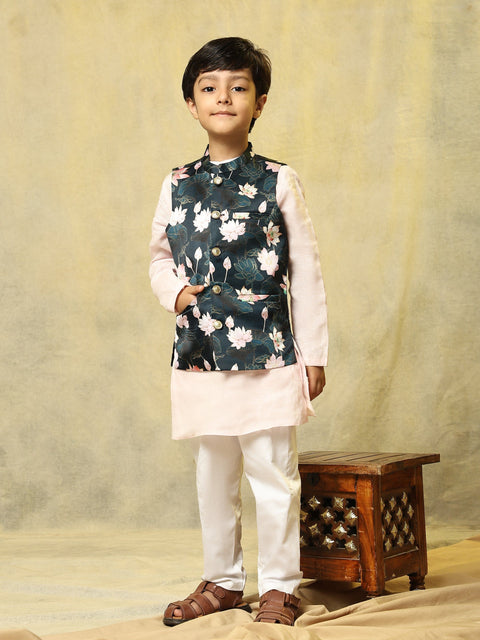 Pre-Order: Lotus Print Satin Koti with Pink Kurta White Pajama Set
