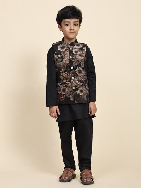 Pre-Order: Golden Flower Velvet Koti with Black Kurta Pajama Set