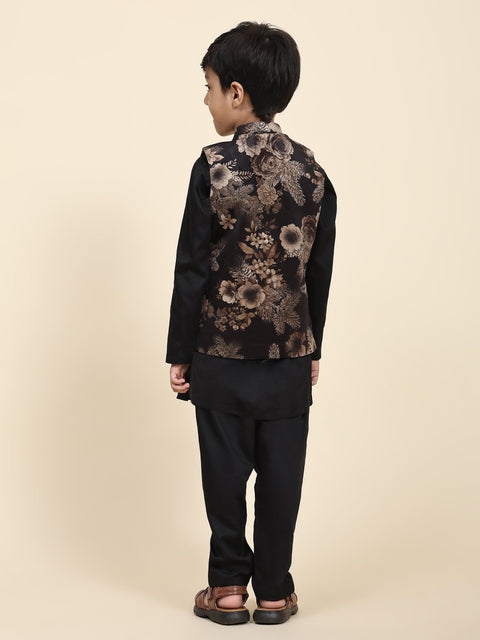 Pre-Order: Golden Flower Velvet Koti with Black Kurta Pajama Set