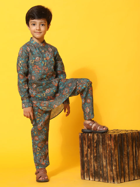 Pre-Order: Dark flowers Print Pure Linen Kurta  and Pajama Set