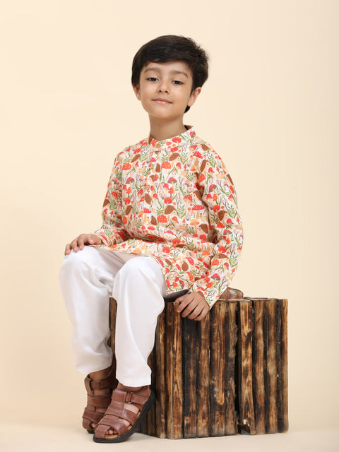 Pre-Order: Mushroom Print Pure Linen Kurta  and Premium Cotton Pajama Set